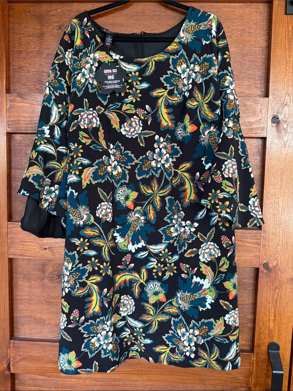 INC International Concepts Black Floral Shift Dress with Teal and Gold Accents